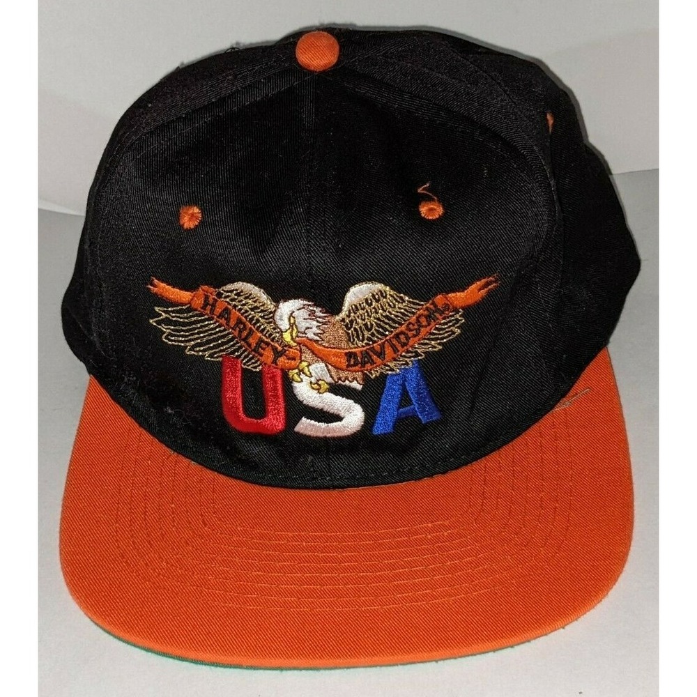 Harley Davidson USA Snapback Hat Cap Vintage Black with Orange Brim RARE HTF EUC